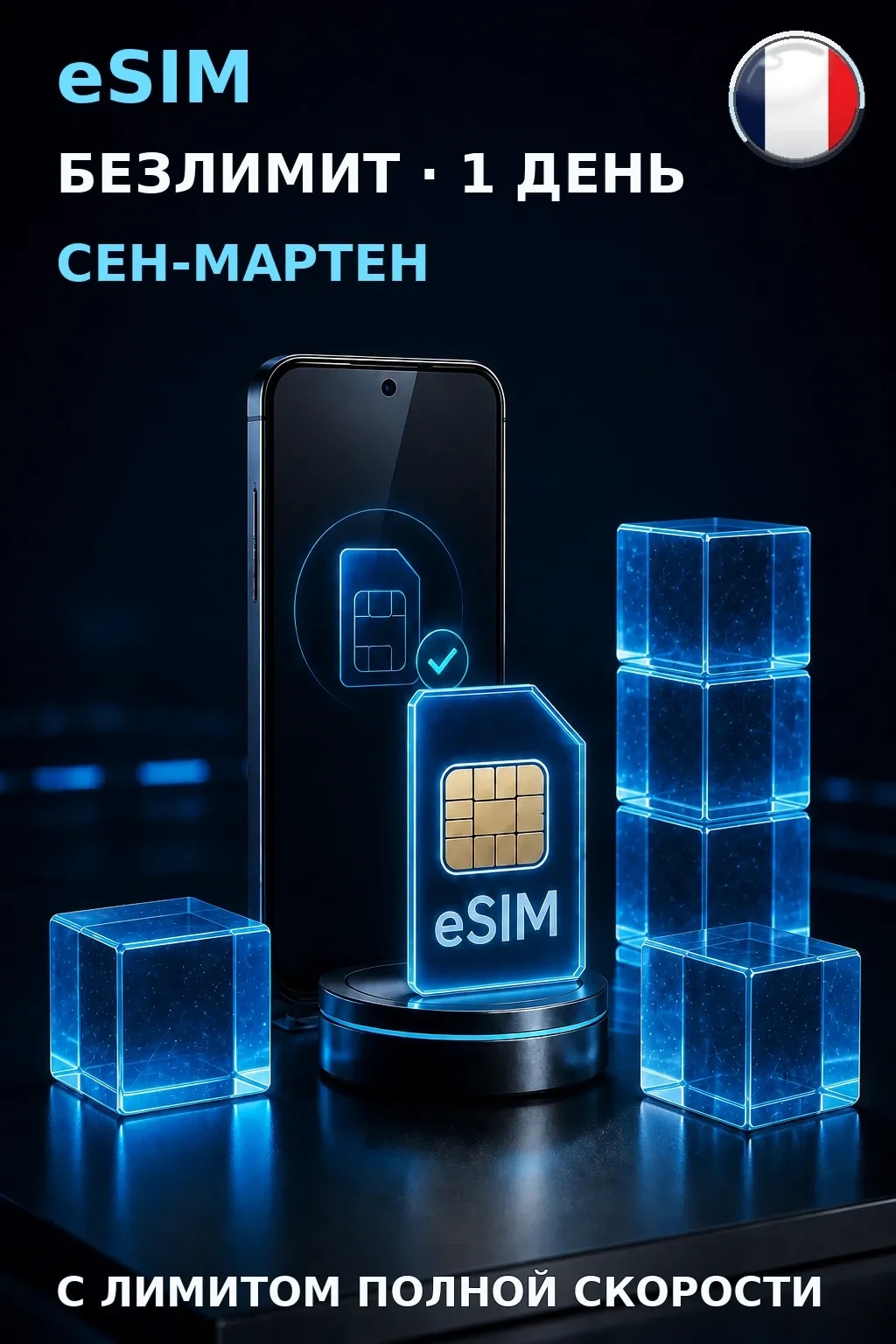 eSIM Сен-Мартен — БЕЗЛИМИТ, 1 день — интернет